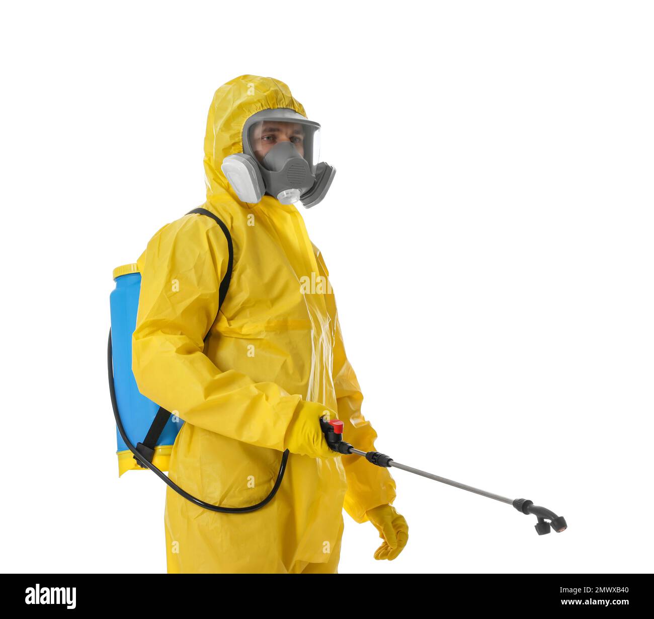 Man wearing protective suit with insecticide sprayer on white ...