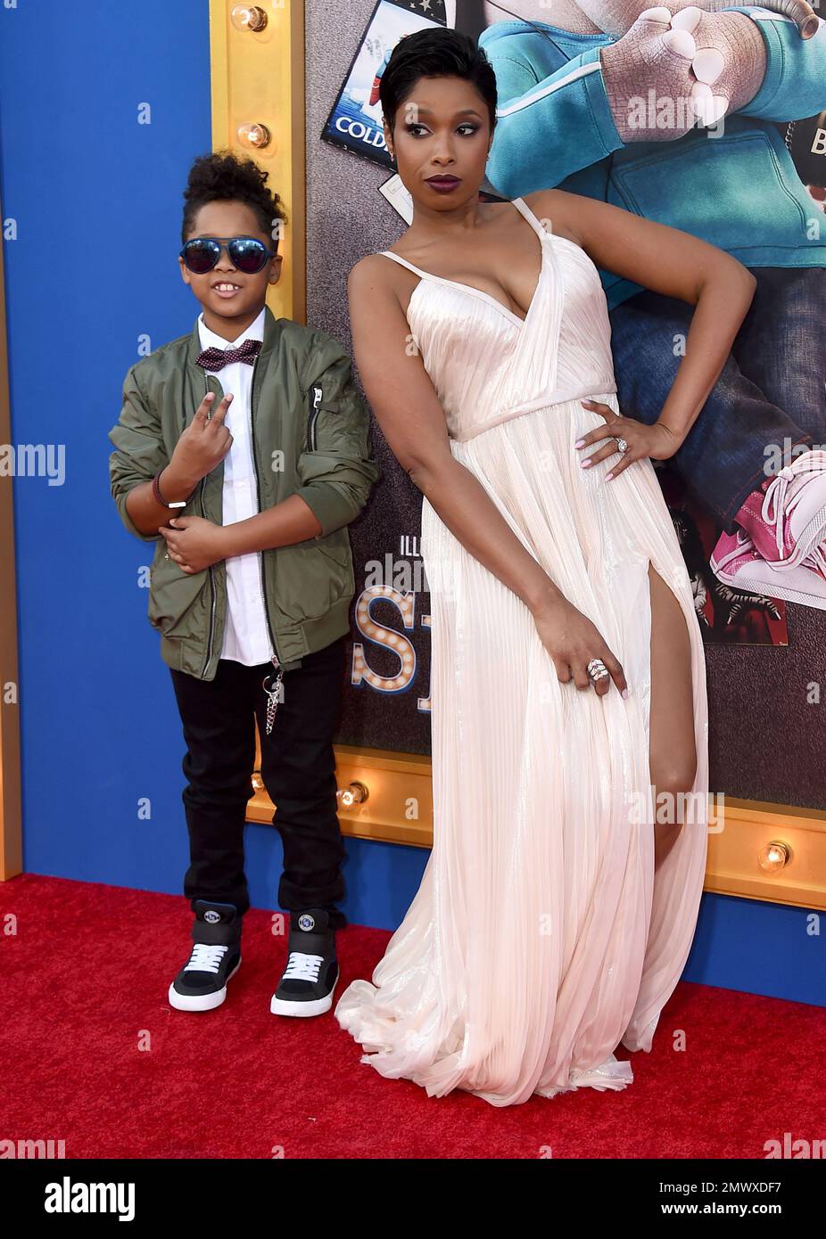 David Daniel Otunga Jr., left, and Jennifer Hudson arrive at the world premiere of "Sing" at the