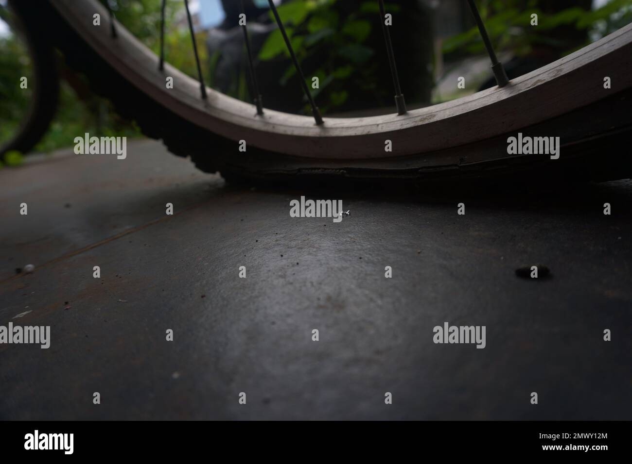 flat bicycle tire in front of the house in the morning Stock Photo