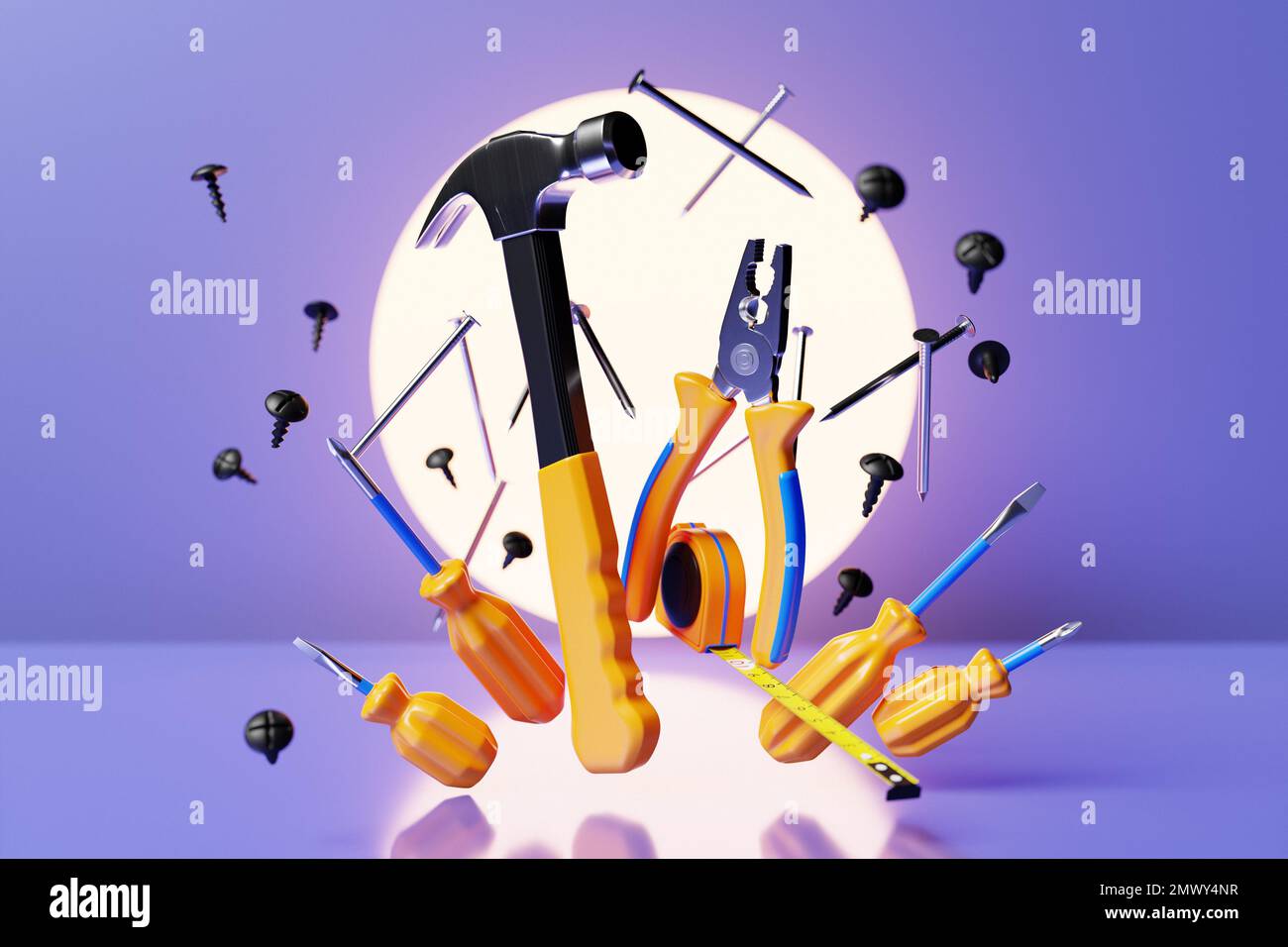 3D illustration screwdriver, hammer, pliers, screws, etc. for handmade