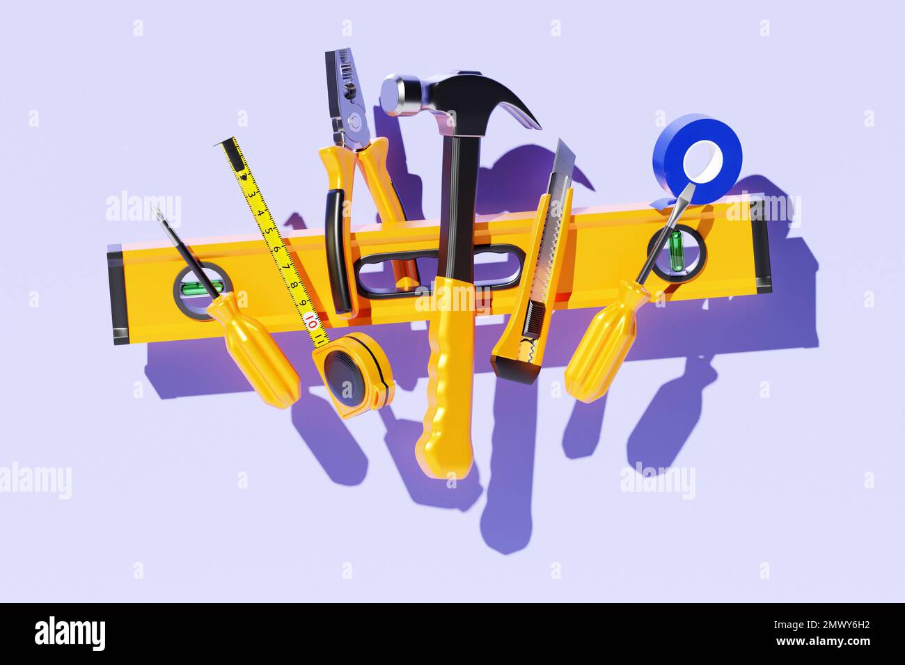 3D illustration of a metal hammer, screwdrivers, pliers, level, tape