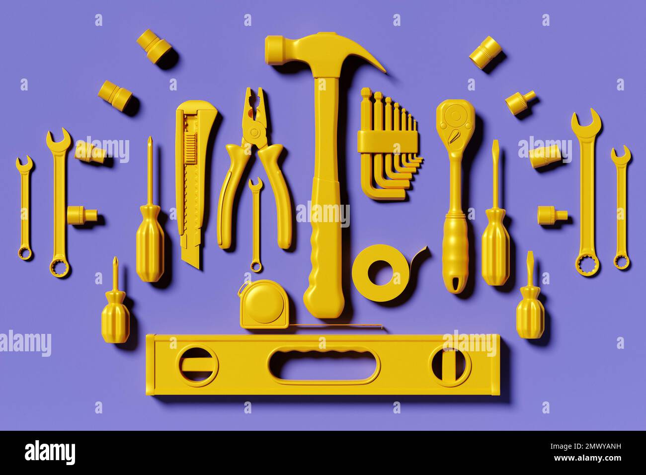 Various yellow working tools for construction, repair on purple background.  Screwdriver, level, electrical tape, hammer, knife, scissors, wrench, etc  Stock Photo - Alamy