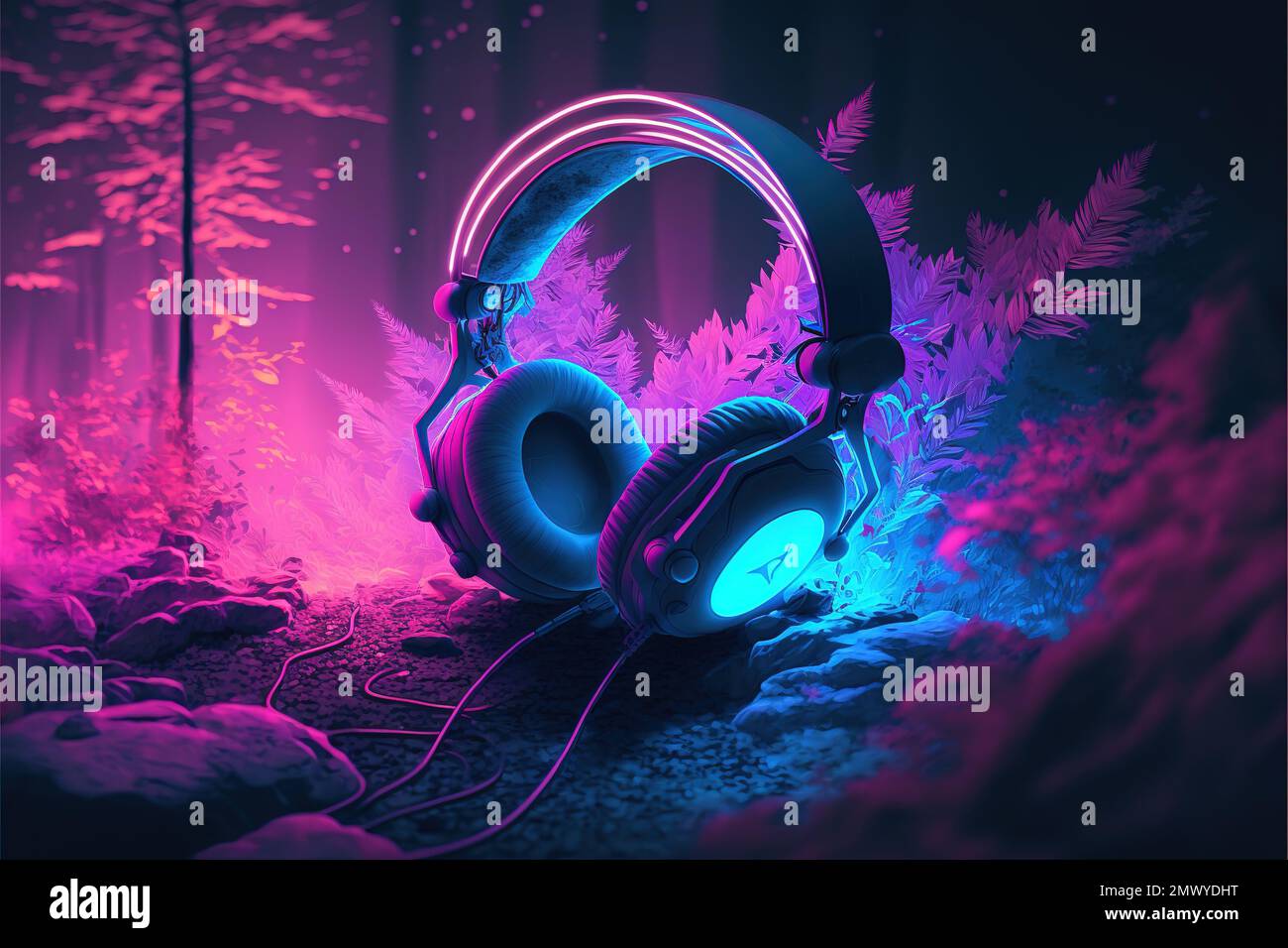 Abstract headphone set retro vaporwave design with raylights