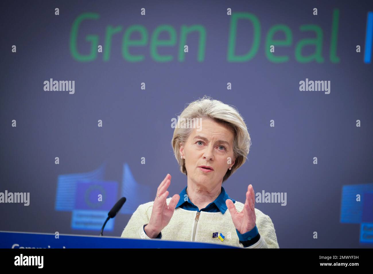 Nicolas Landemard / Le Pictorium -  Press conference by Ursula Von Der Leyen -  1/2/2023  -  Belgium / Brussels / Brussels  -  Press conference by EU Commissioner Ursula Von Der Leyen on the European Green Deal industrial plan. Stock Photo