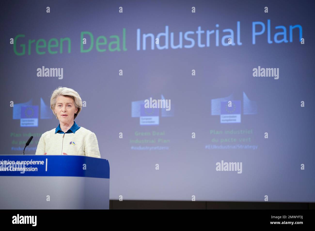 Nicolas Landemard / Le Pictorium -  Press conference by Ursula Von Der Leyen -  1/2/2023  -  Belgium / Brussels / Brussels  -  Press conference by EU Commissioner Ursula Von Der Leyen on the European Green Deal industrial plan. Stock Photo