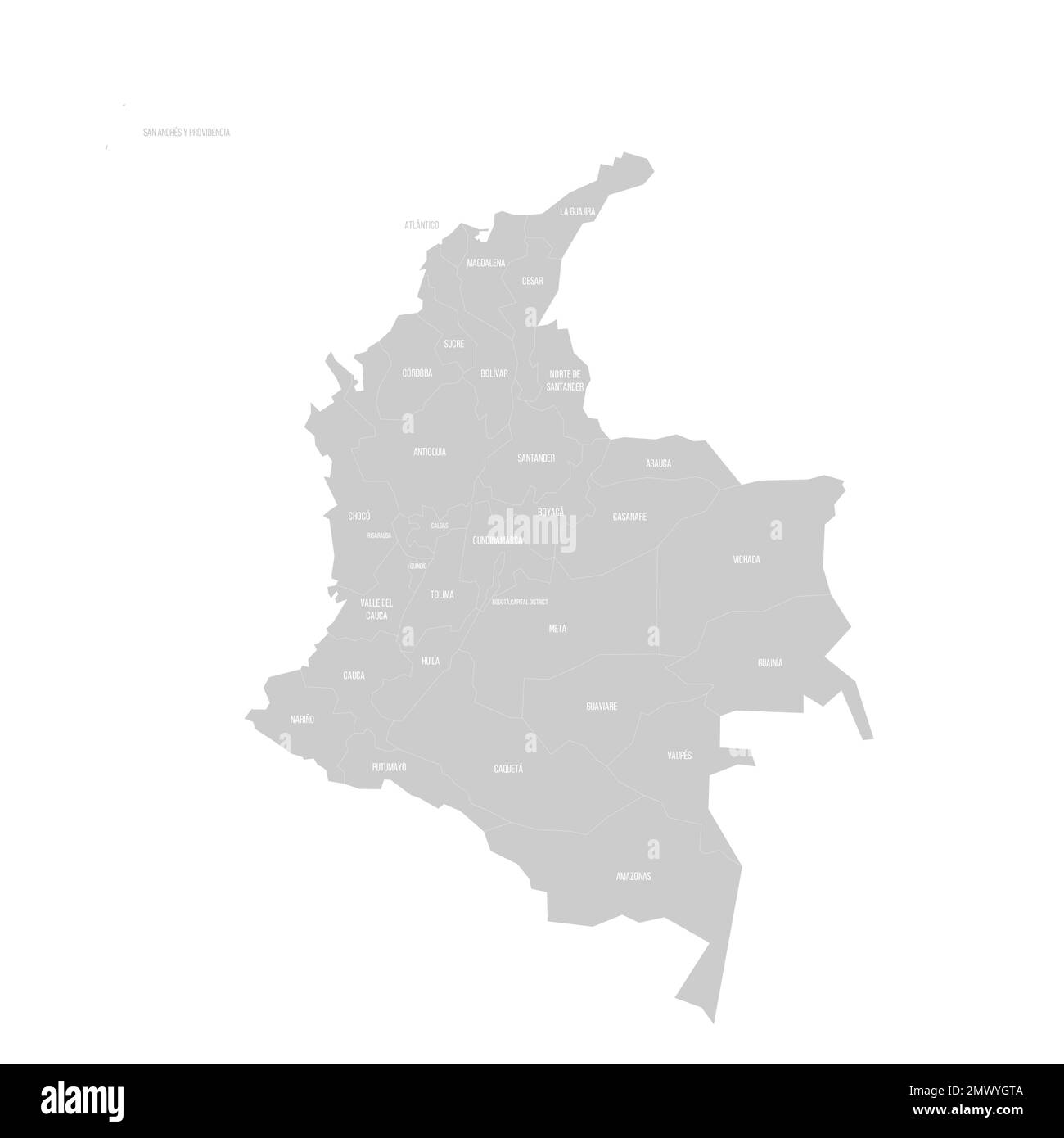 Colombia political map of administrative divisions - departments and capital district. Solid light gray map with white line borders and labels. Stock Vector