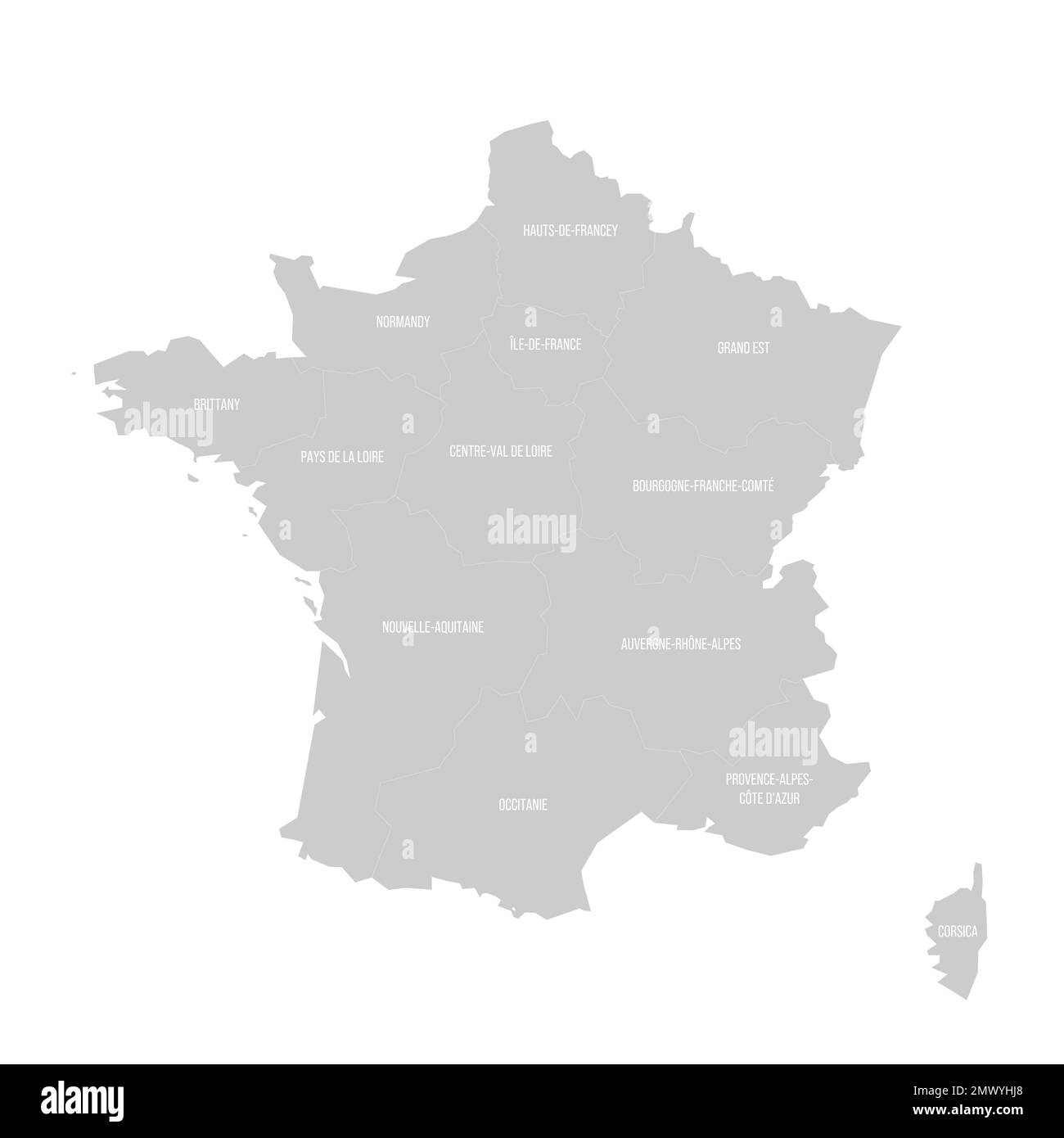 France political map of administrative divisions - regions. Solid light gray map with white line borders and labels. Stock Vector