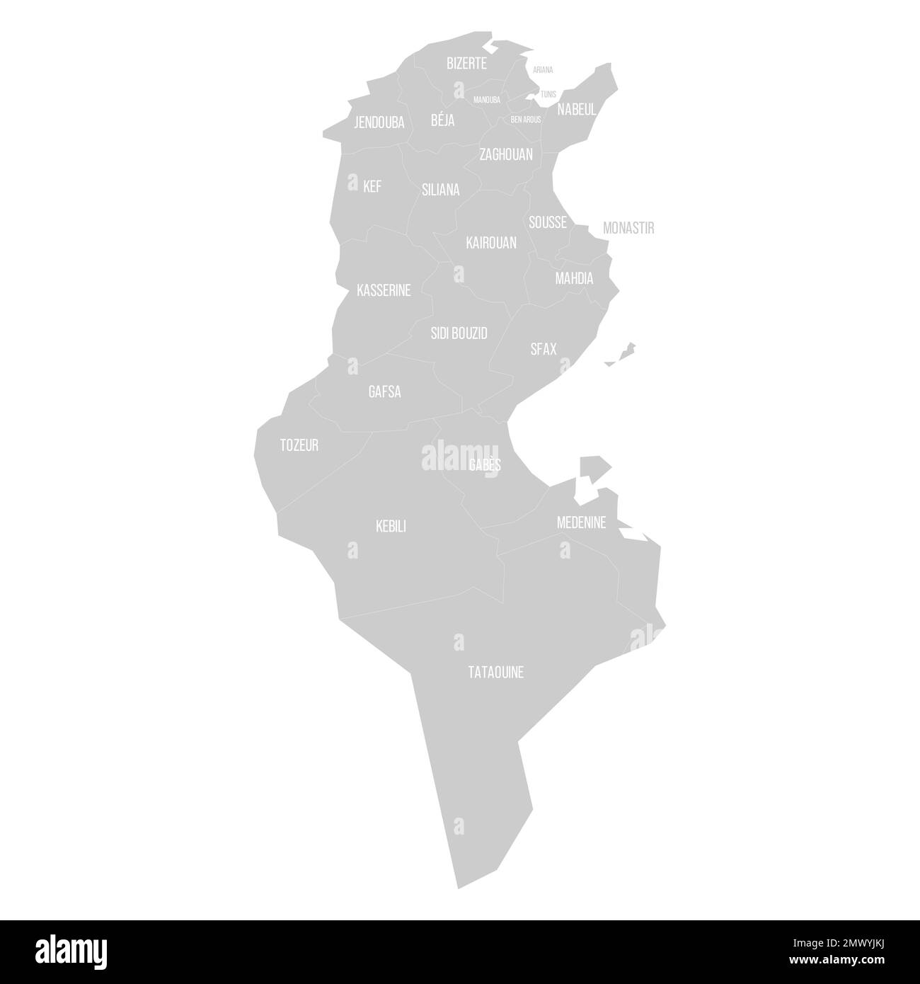 Tunisia political map of administrative divisions governorates. Solid light gray map with