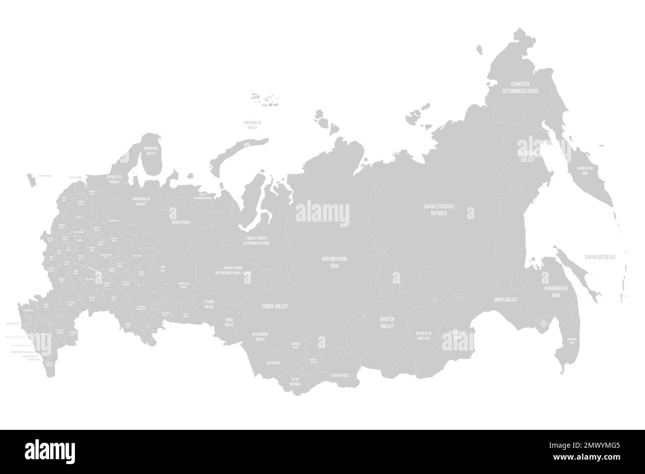 Russia political map of administrative divisions - oblasts, republics, autonomous okrugs, krais, autonomous oblast and 2 federal cities of Moscow and Stock Vector