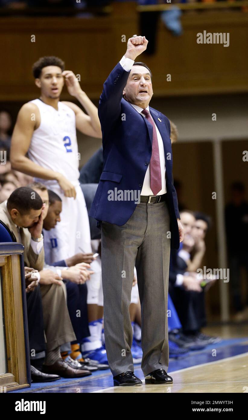 Duke head coach Mike Krzyzewski reacts during the first half of an NCAA