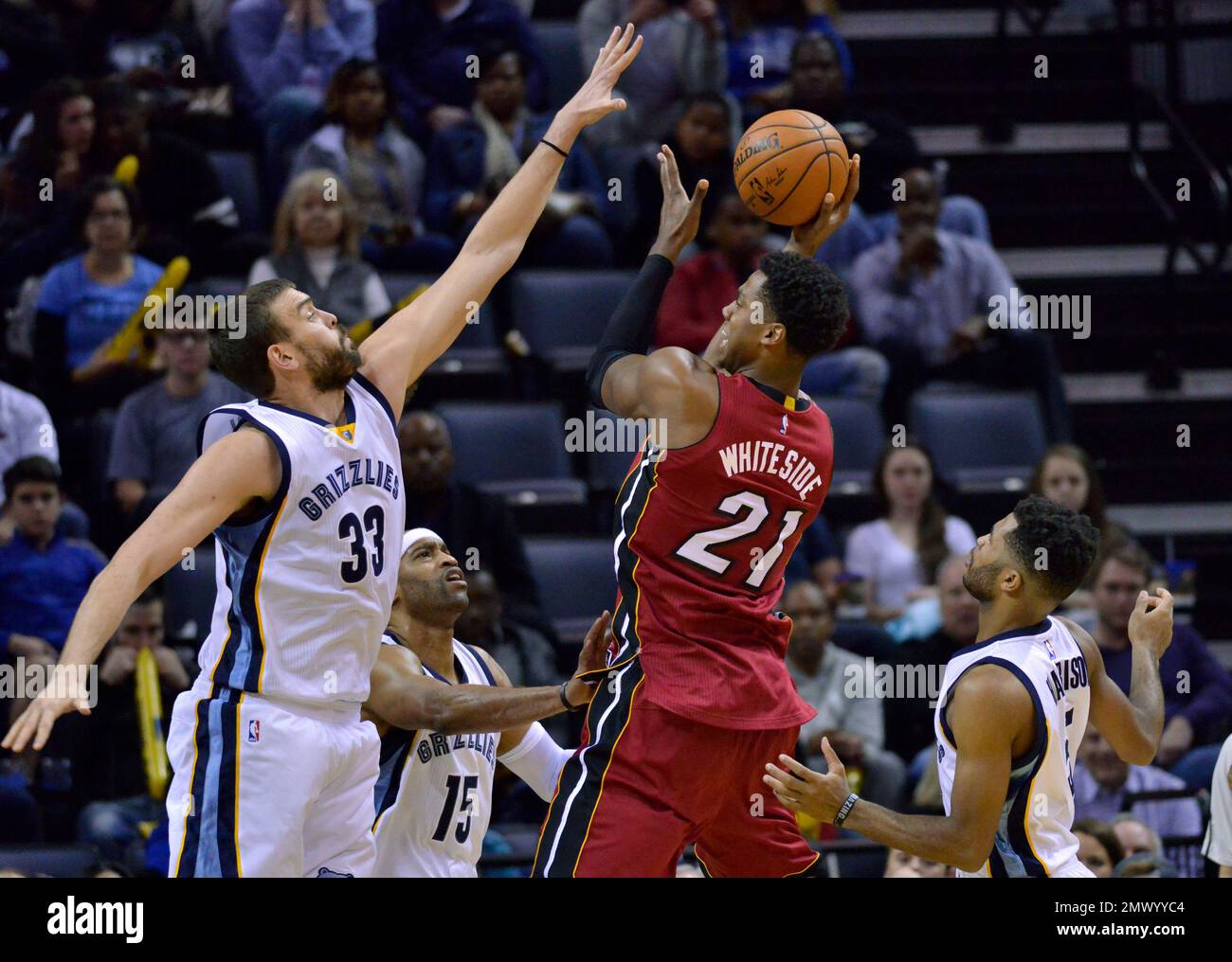 Miami Heat center Hassan Whiteside (21) shoots between Memphis