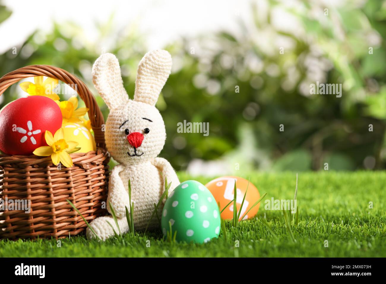 Colorful Easter eggs, toy rabbit and daffodil flowers in green grass