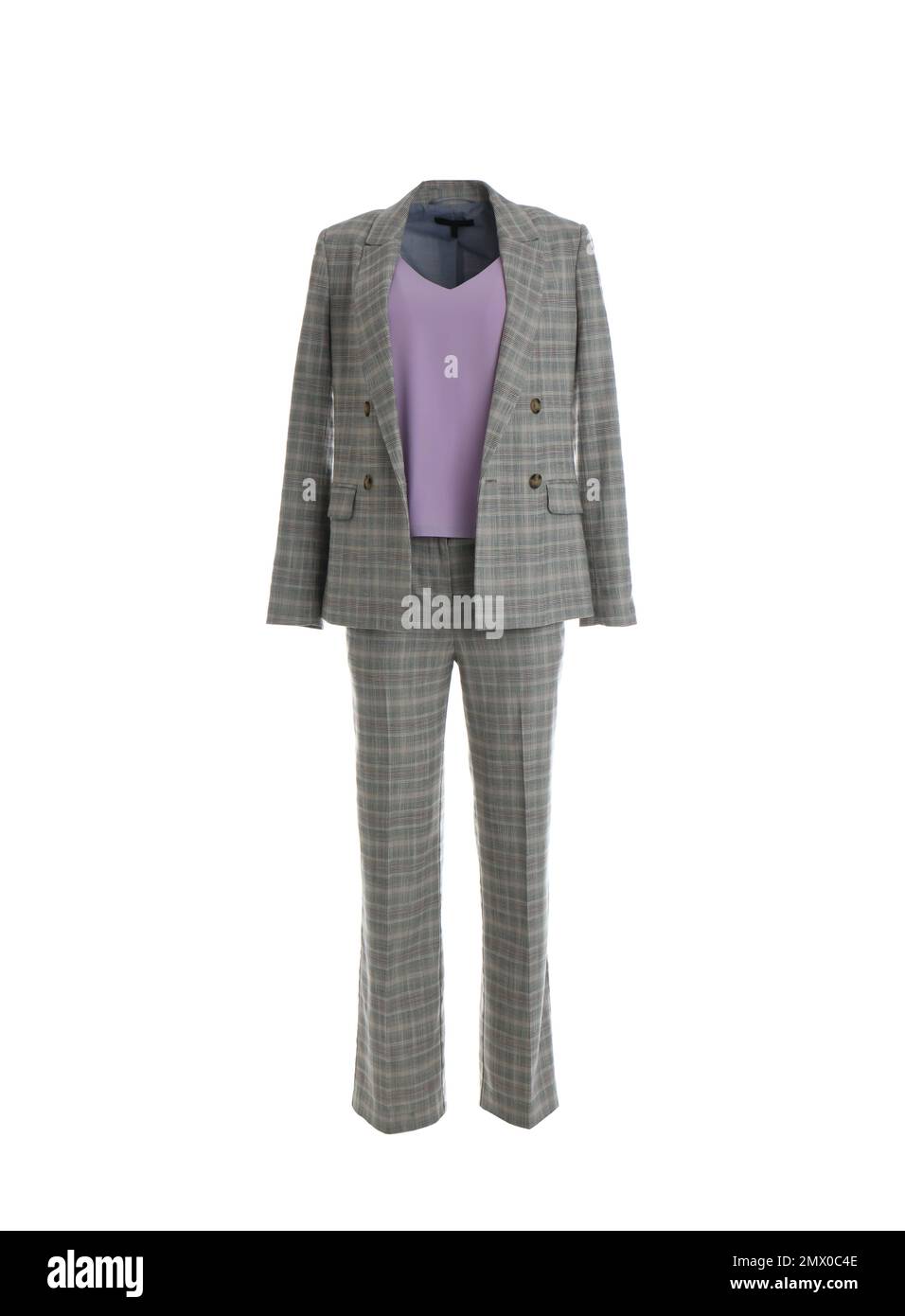 Elegant grey suit and tank top on mannequin against white background. Women's clothes Stock Photo