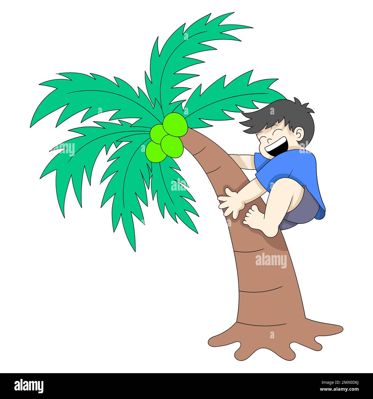 kid boy is climbing a coconut tree. vector design illustration art Stock Vector