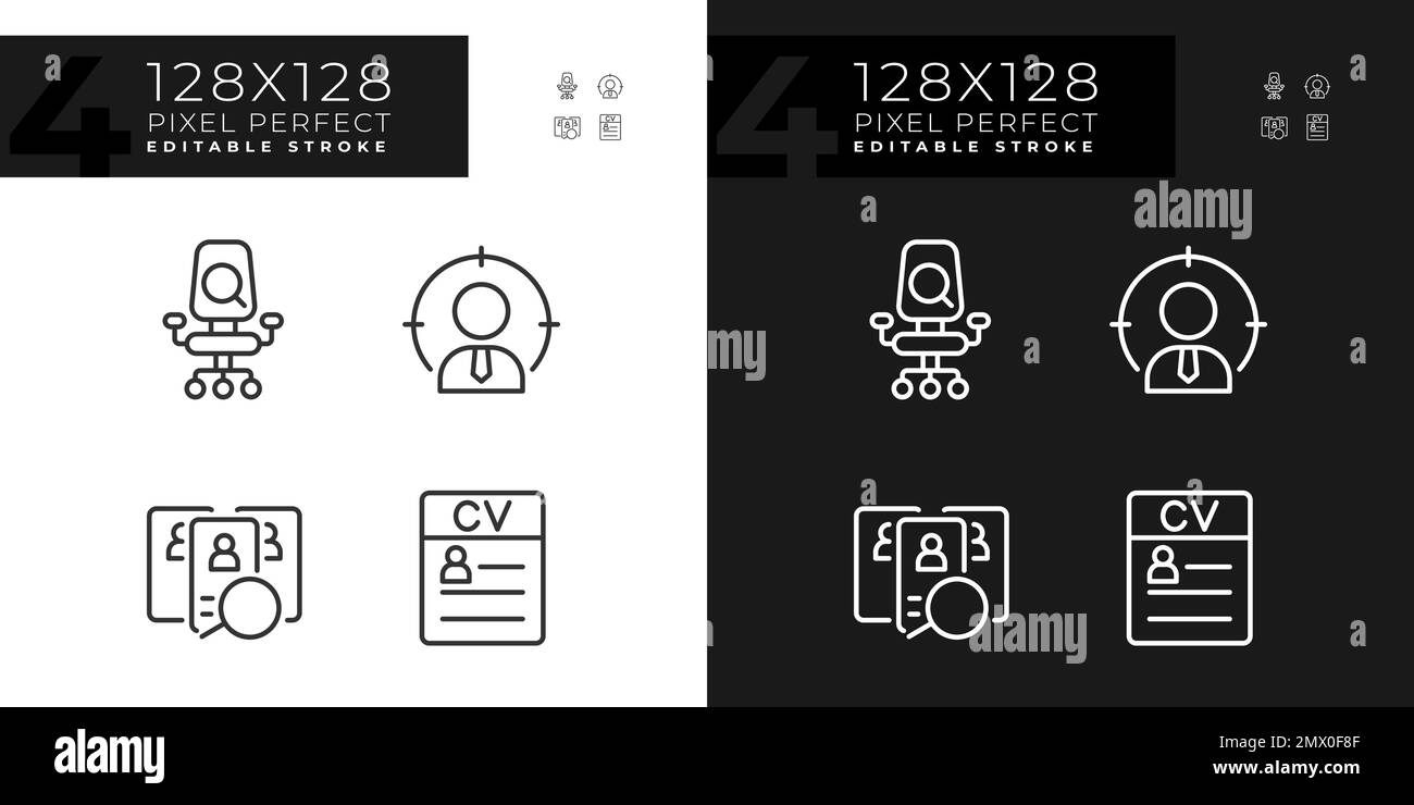 Worker selection process pixel perfect linear icons set for dark, light mode Stock Vector