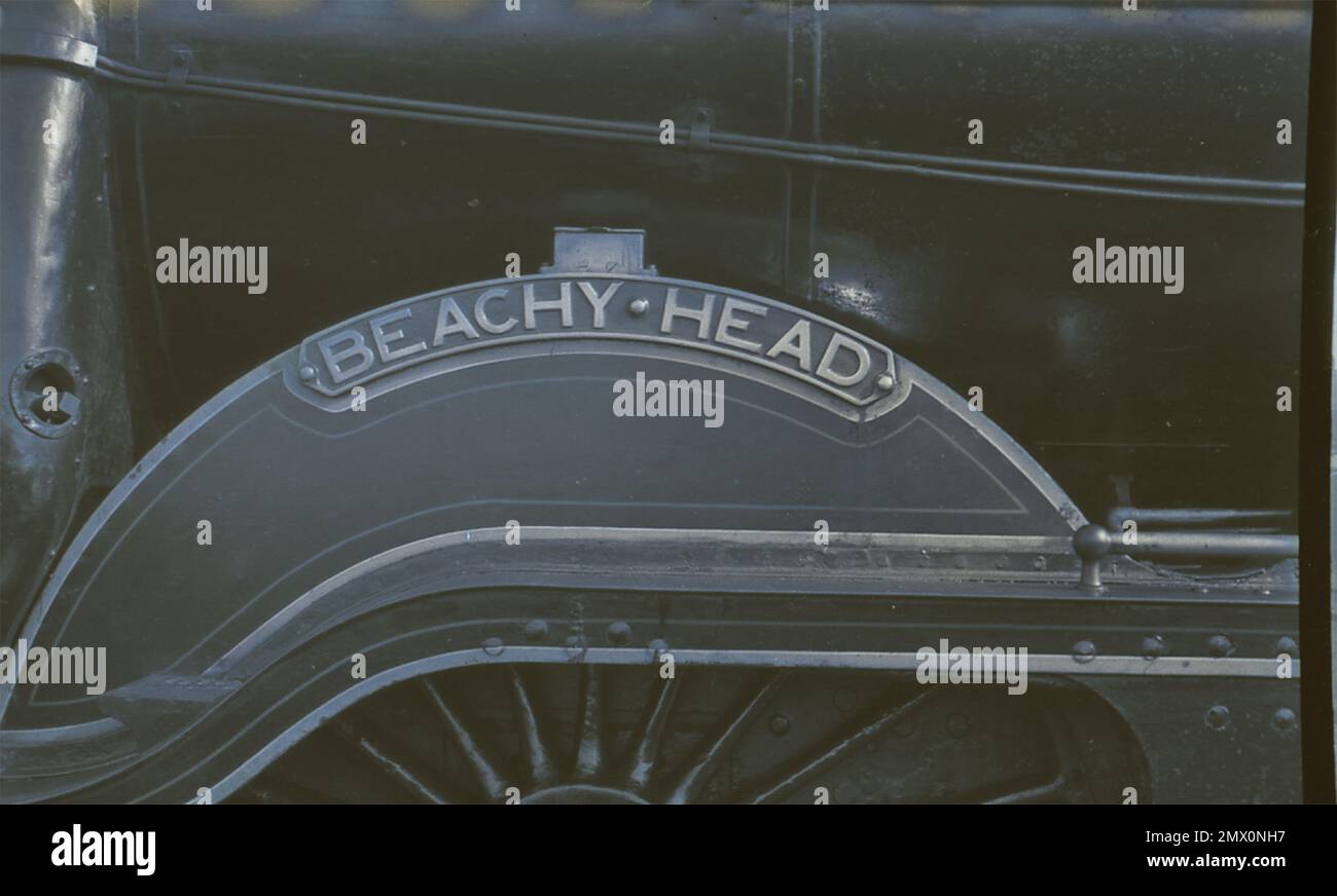 The nameplate of former LBSCR Marsh Atlantic 4-4-2 as BR 32424 'Beachy Head' at Brighton in October 1952 Stock Photo