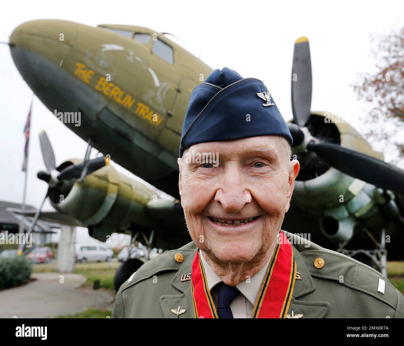 96yearold " candy bomber" pilot Gail Halvorsen poses in front of an