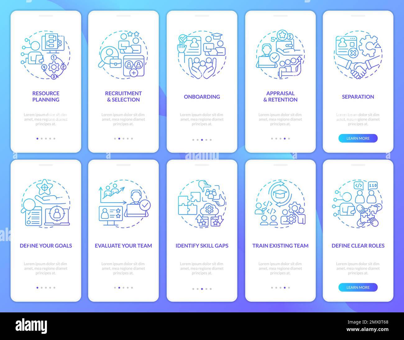 Information technology staffing blue gradient onboarding mobile app screens set Stock Vector