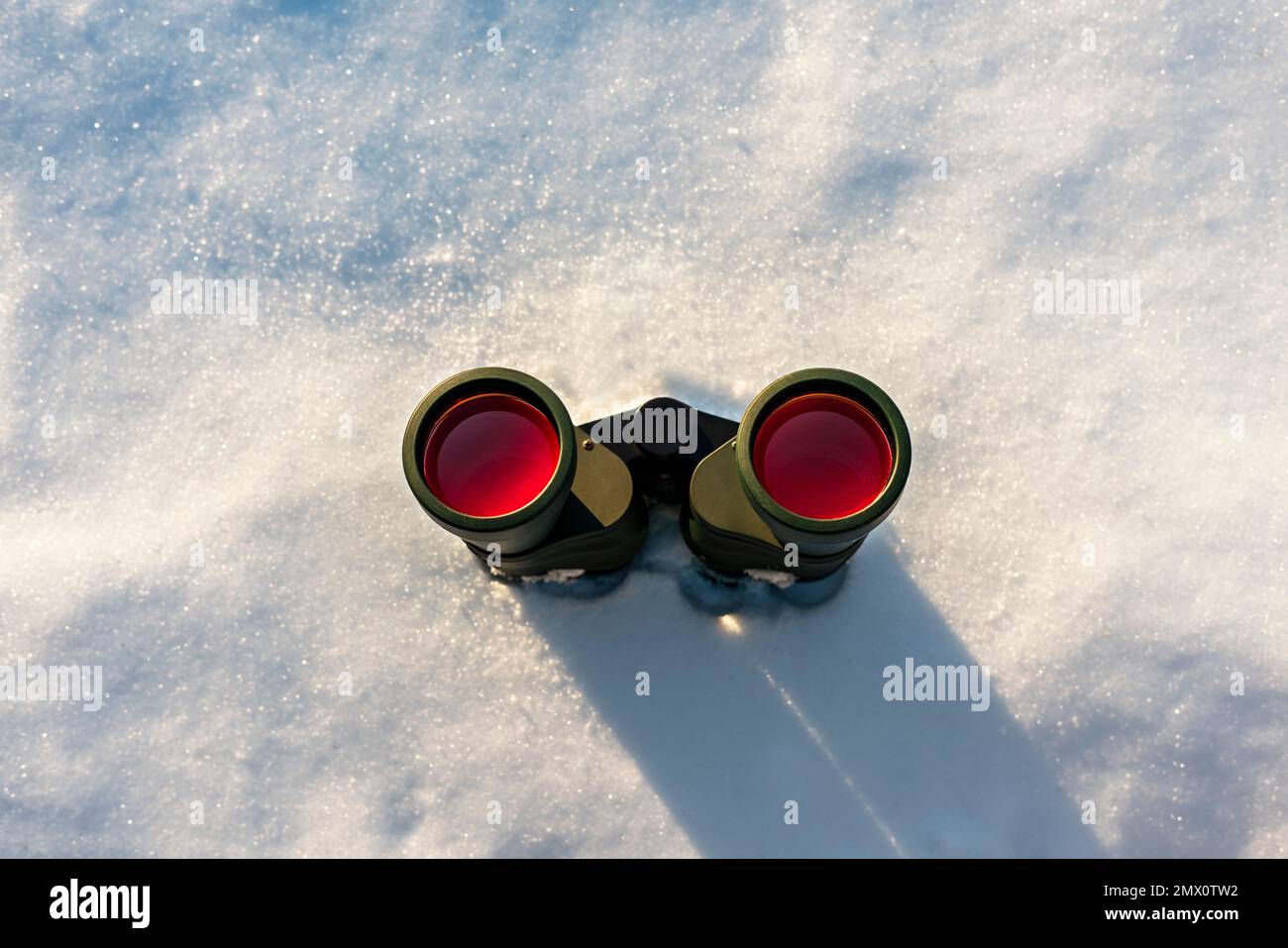 binoculars close-up on snow Birdwatching Stock Photo