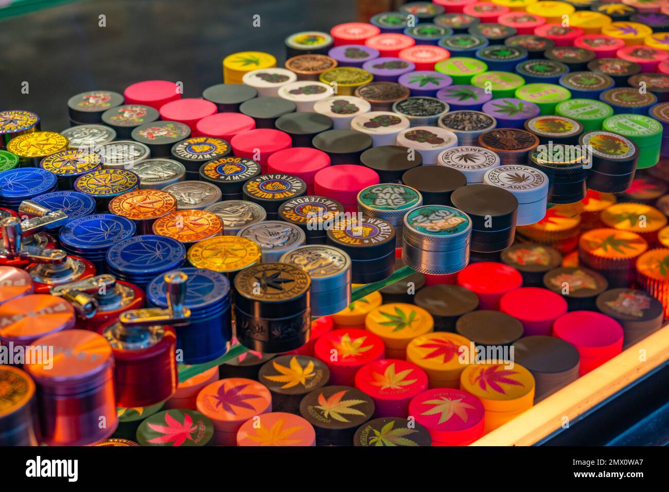 Window display of cannabis grinders in head shop in Amsterdam Stock