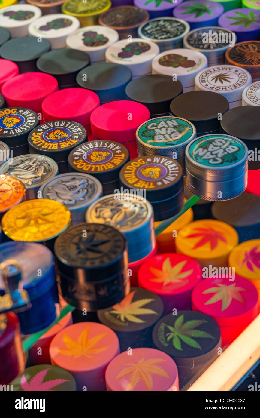 Window display of cannabis grinders in head shop in Amsterdam Stock