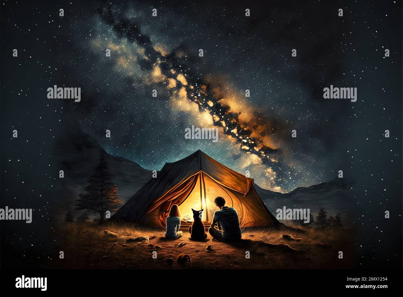 camping under starry night sky. Milky way watching. man woman and dog. people next to tent in national park. Star gazing.illustration generative ai Stock Photo