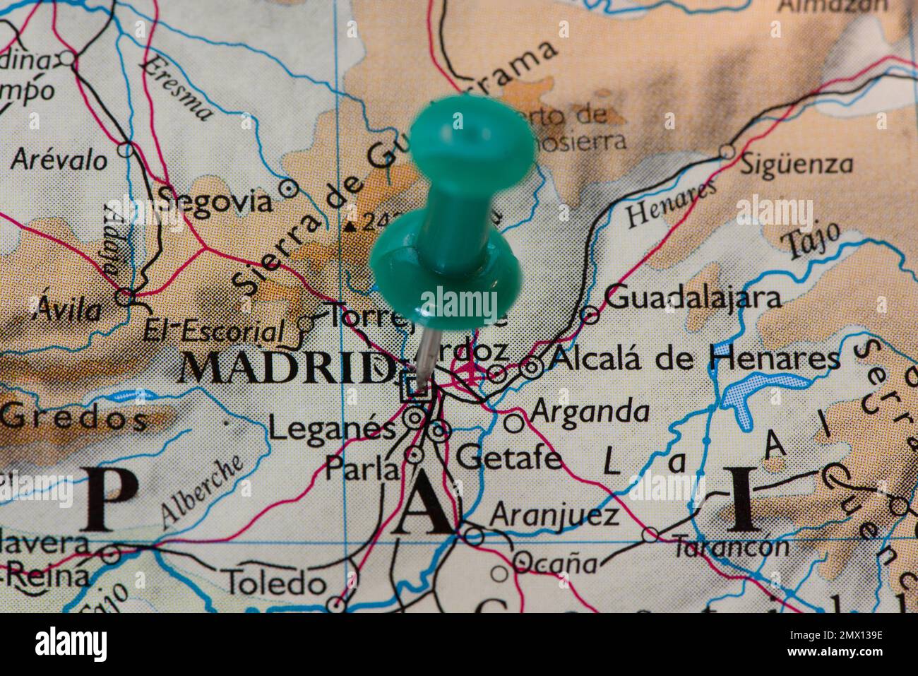 Location pin on map Madrid Stock Photo