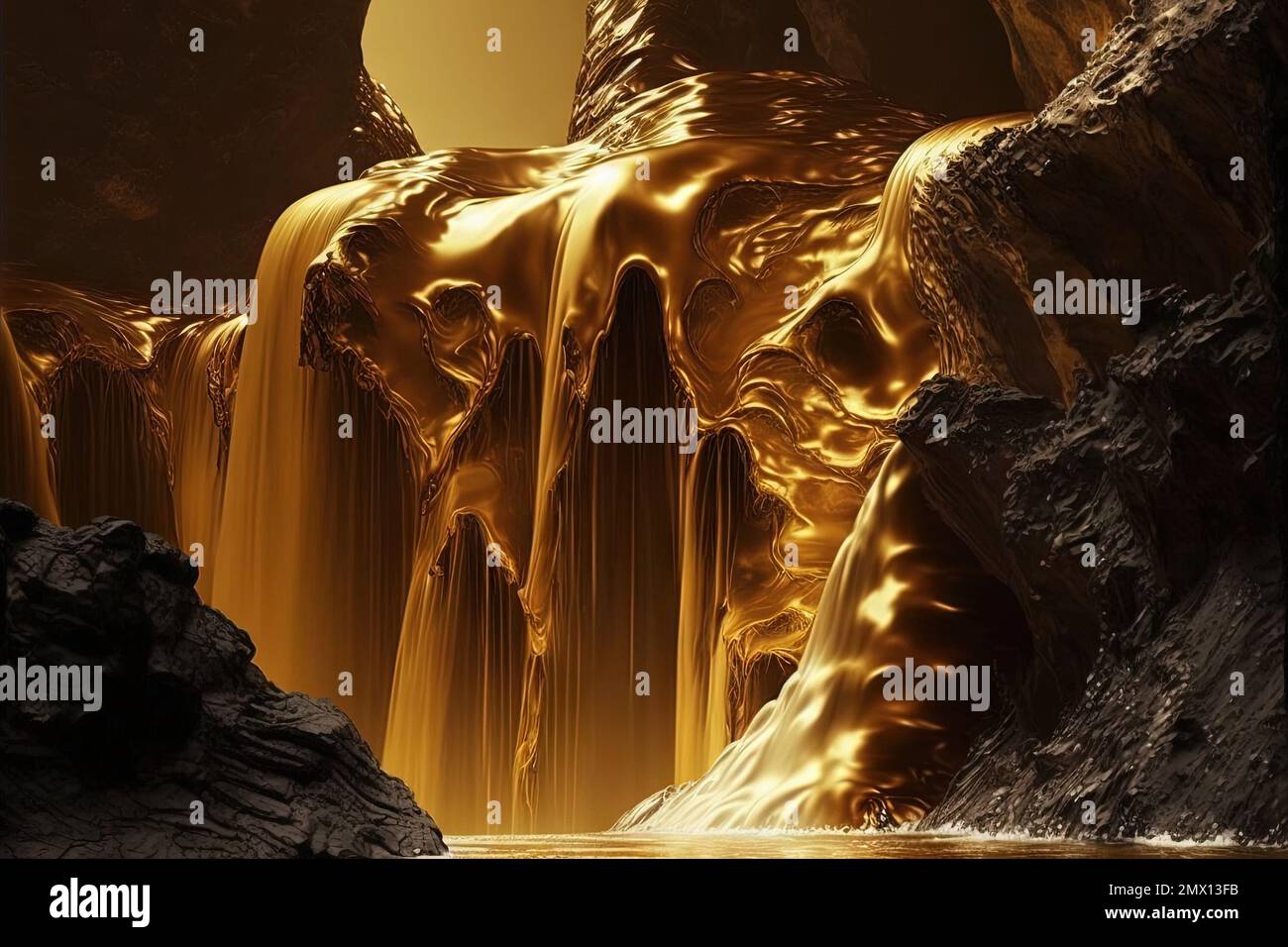 a waterfall of liquid gold, Goldfall, fantasy landscape. Photo realistic, concept art illustration generative ai Stock Photo