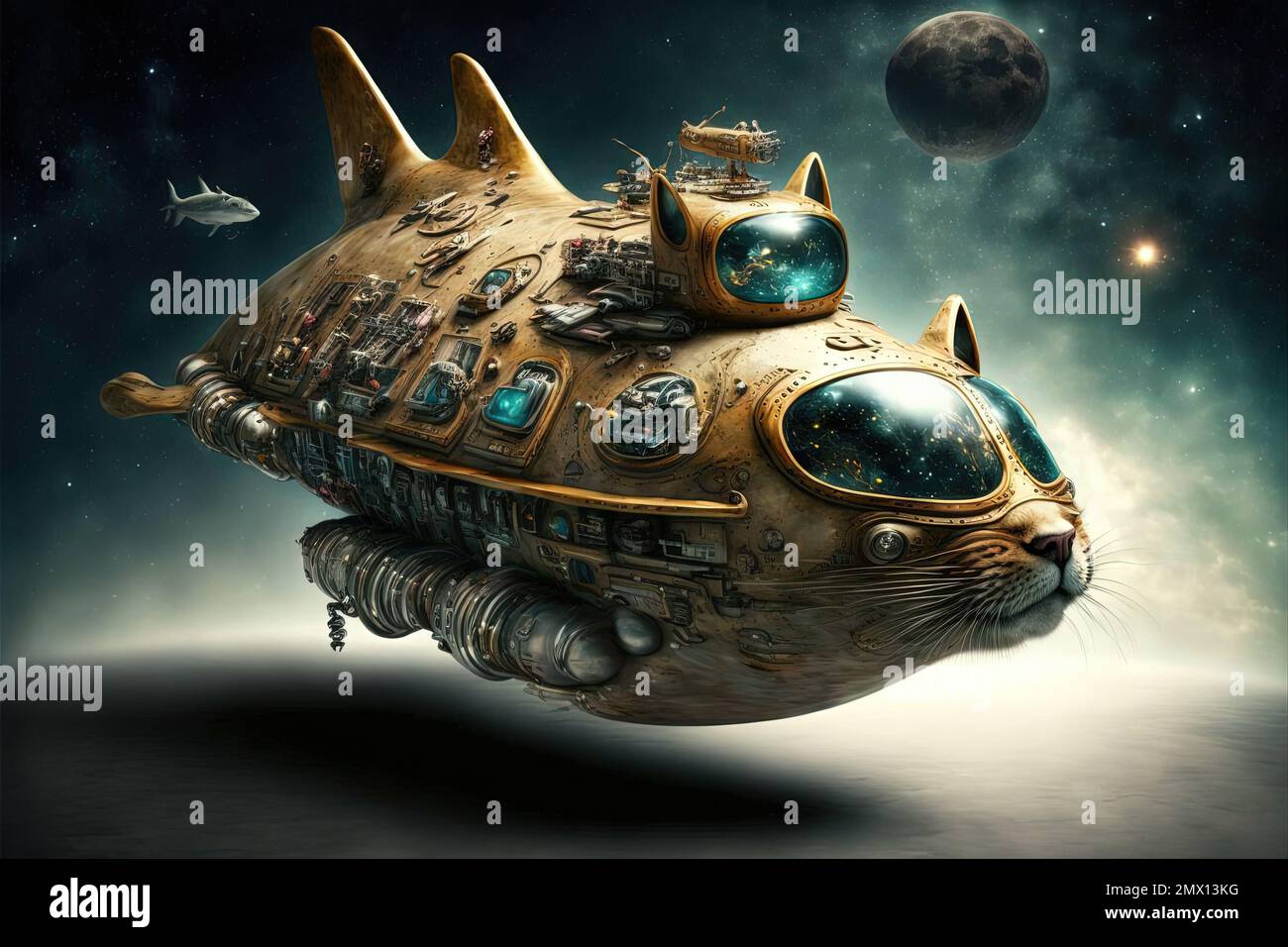 A Cat shape spaceship illustration generative ai Stock Photo