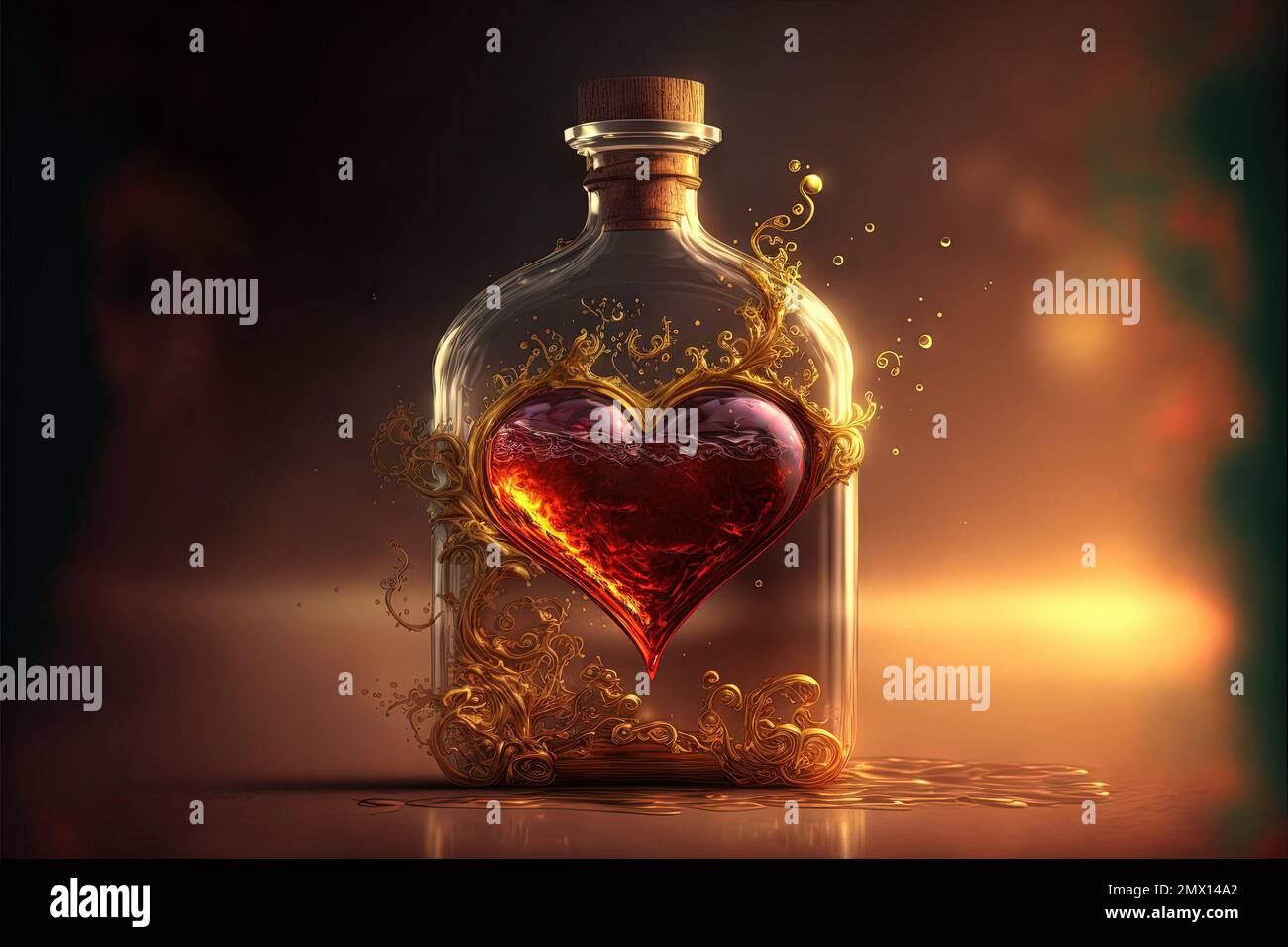 A bottle of Elixir of love red heart liquid big Love Valentine day concept illustration generative ai Stock Photo