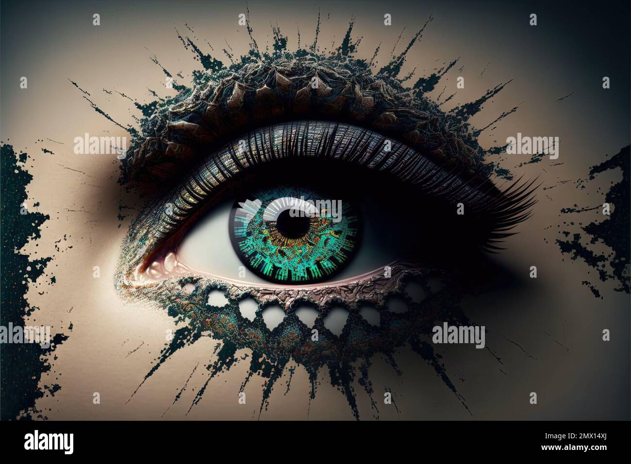 Close up mascara eye maquillage of the future steampunk cyberpunk detail illustration generative ai Stock Photo