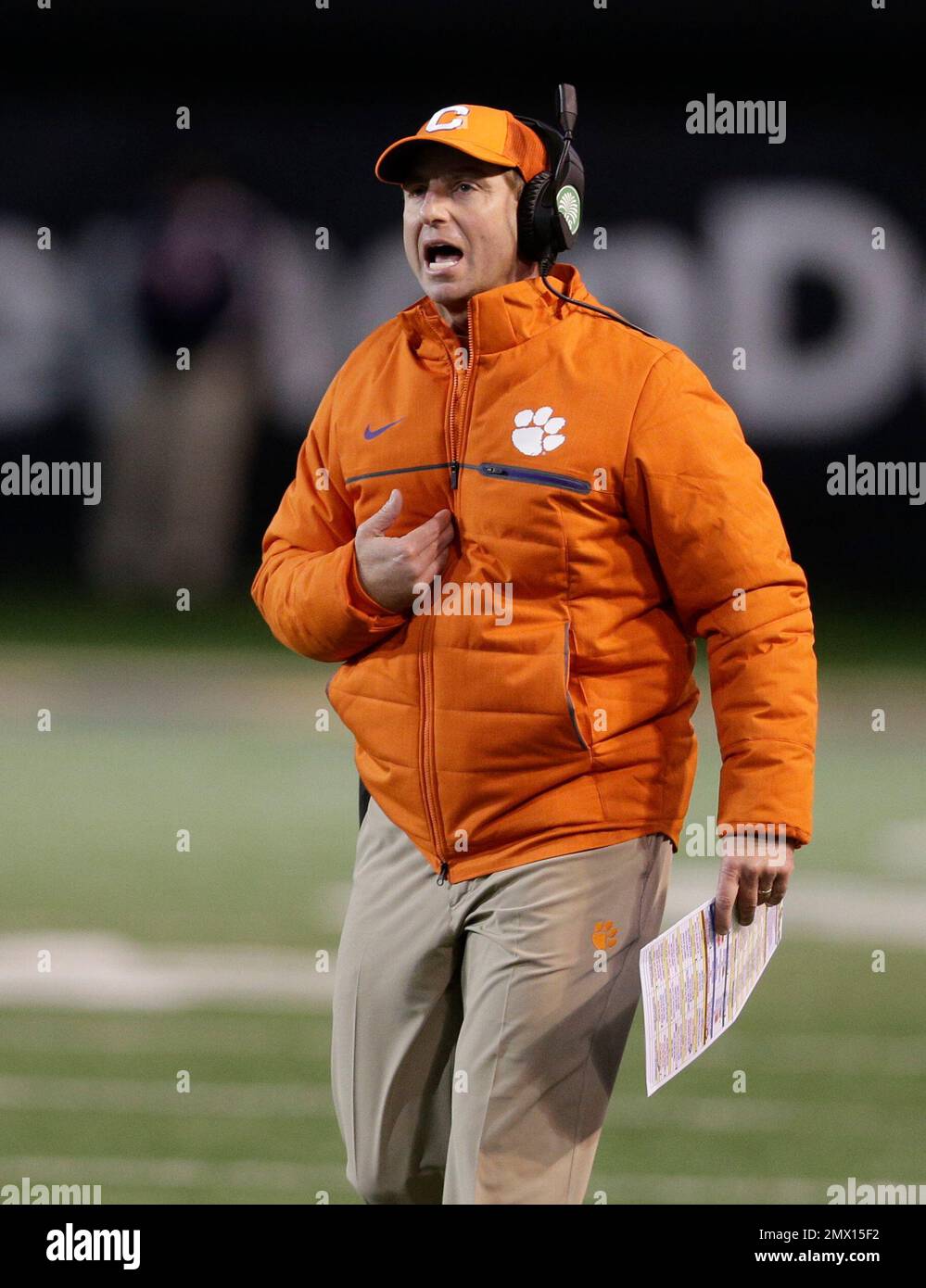 Clemson head coach Dabo Swinney shouts to officials in the first half ...