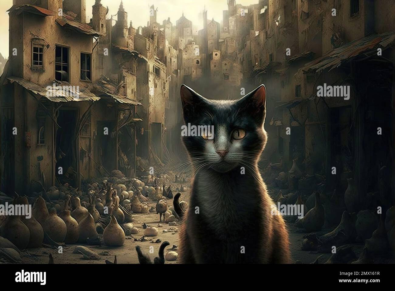 group of cats in abandoned town illustration generative ai Stock Photo