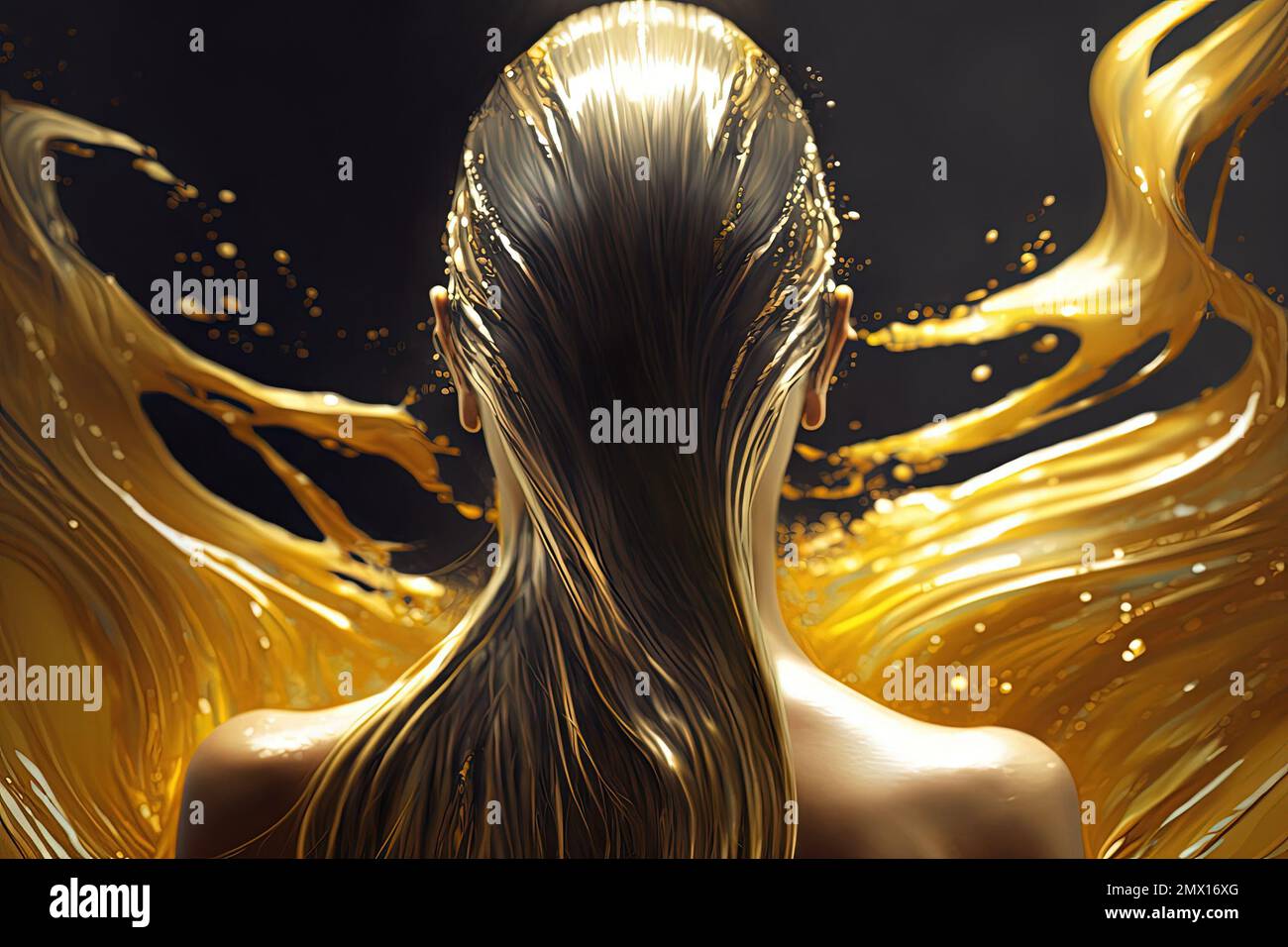 Attractive lady beautiful woman swimming in liquid gold view from the back illustration generative ai Stock Photo