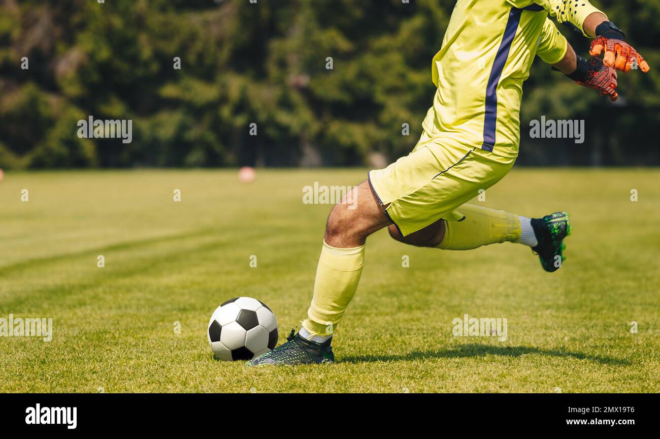 Goalie Kick on the Pitch During Match. Soccer Football Goalkeeper Goal