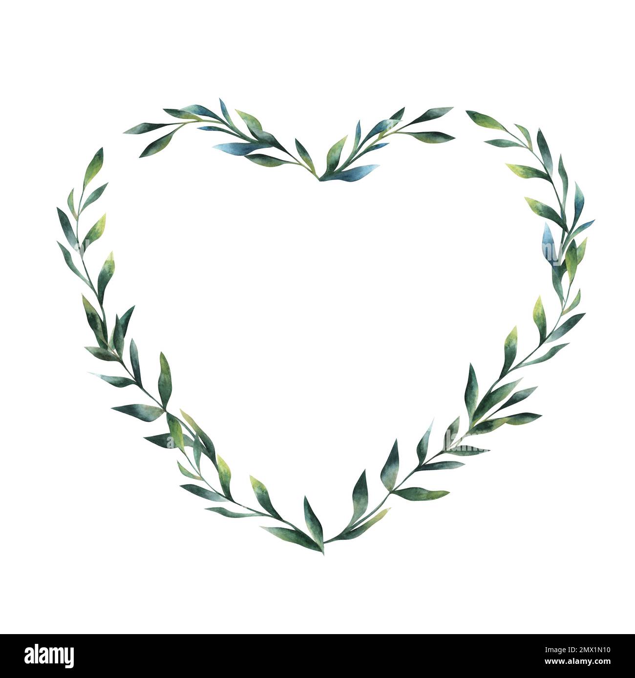 Watercolor floral wreath heart shaped frame of green leaves hand drawn