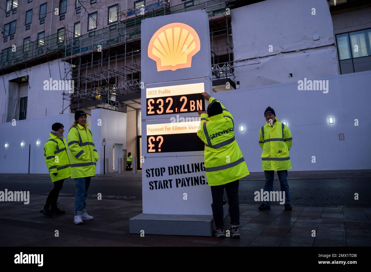 London, UK, 2nd February 2023. Greenpeace activists protest outside Shell headquarters, on the day that Shell posted their annual profits. Greenpeace are calling on Shell to take responsibility for its historic role in the climate crisis and pay for the devastation it causes around the world. Photo: David Mirzoeff/Alamy Live News Stock Photo