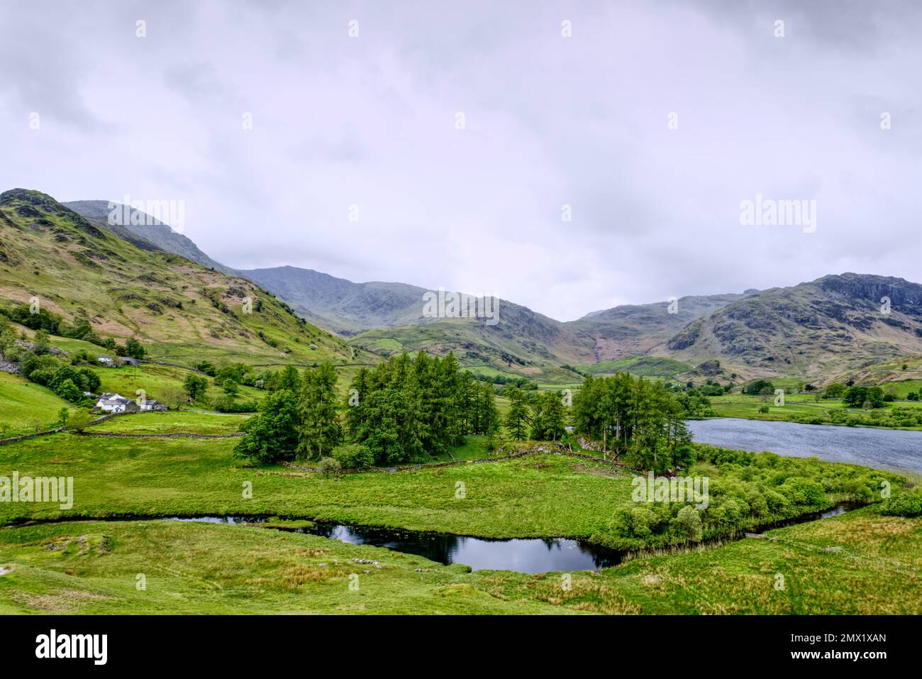 Langdale, Lake District, Cumbria, England, UK - Farms, mountains, a tarn and woodlands in the valley at the hamlet of Little Langdale Stock Photo