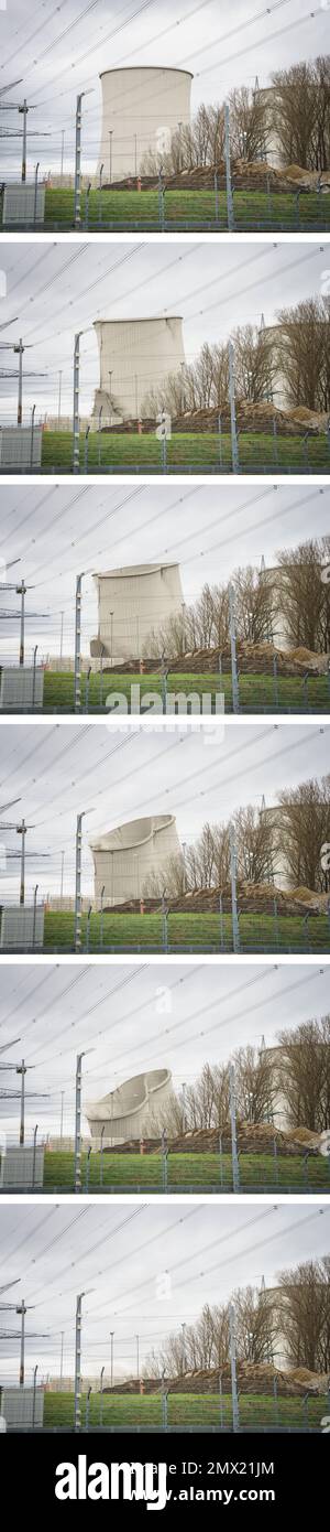 Biblis, Germany. 02nd Feb, 2023. KOMBO - One of the four cooling towers of the decommissioned Biblis nuclear power plant collapses during demolition. It was not blown up, but destabilized with excavators until it collapsed. The nuclear power plant was decommissioned following Germany's nuclear phase-out in the wake of the Fukushima disaster in 2011. Credit: Frank Rumpenhorst/dpa/Alamy Live News Stock Photo