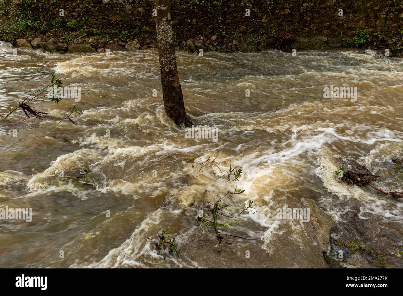 View of the Heavy rains creating high flow brown river water in