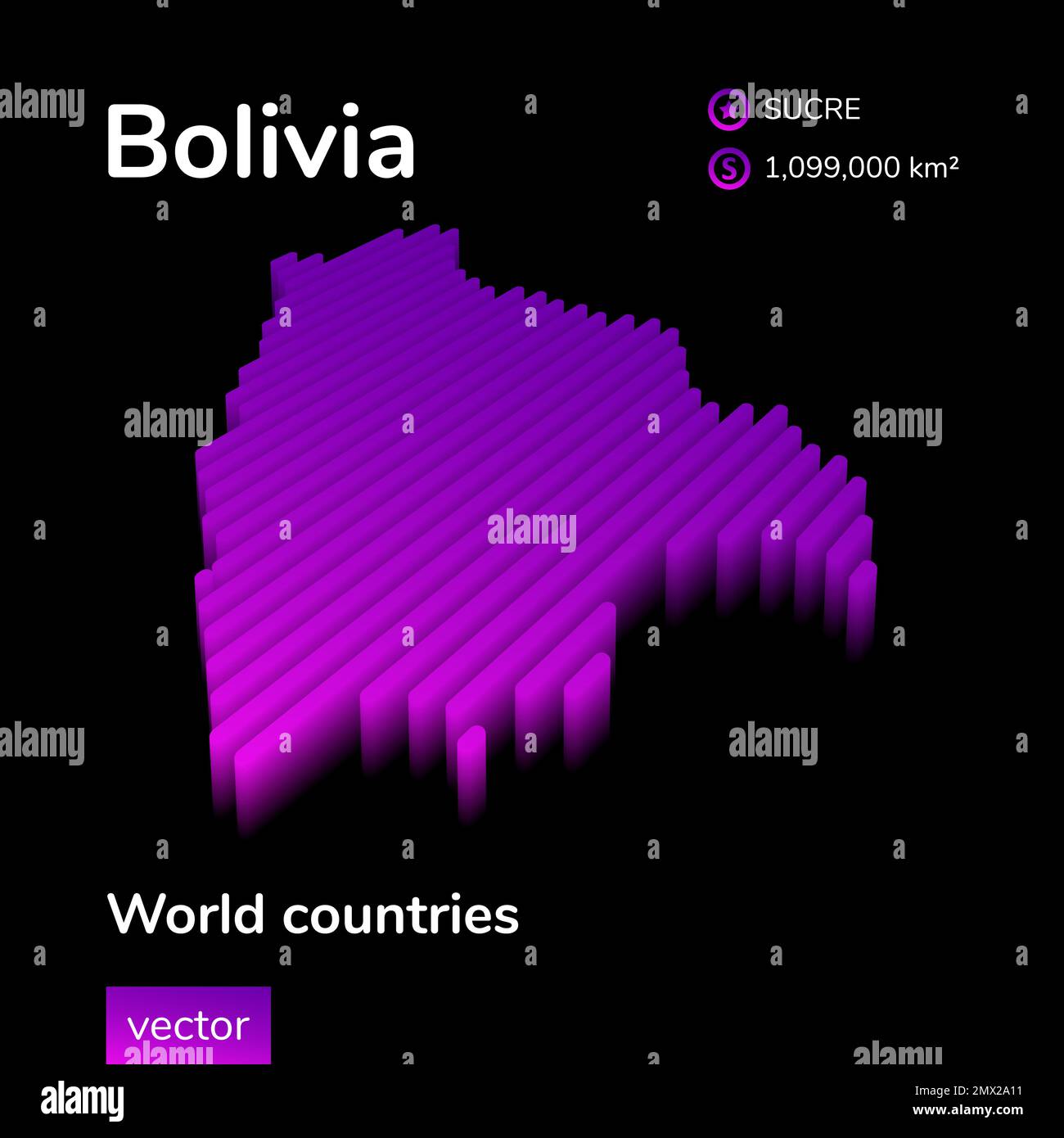 Bolivia 3D map. Stylized striped digital neon isometric vector Map of Bolivia is in violet colors on black background. Educational banner Stock Vector
