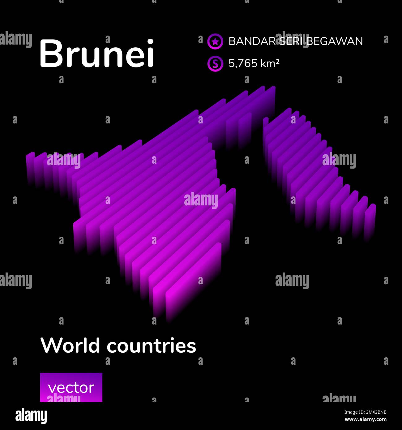 Brunei 3d Map Stylized Striped Isometric Neon Vector Map Of Brunei Is