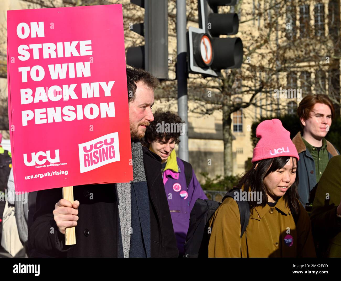 Bristol teachers' strike: TUC protest march in city centre. 1 February 2023 marchers near Bristol University and Queens Road, Bristol, UK Stock Photo