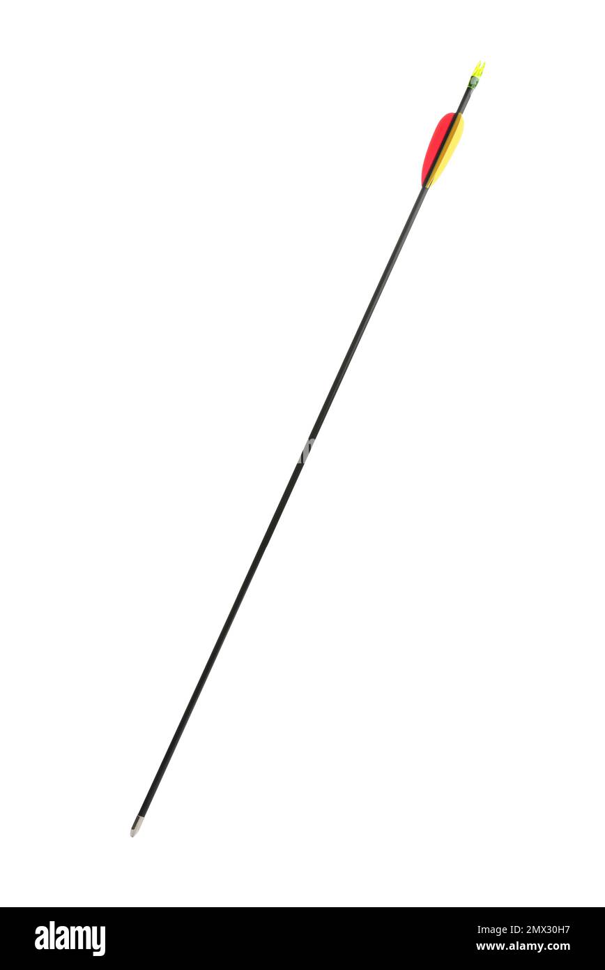 Plastic black arrow isolated on white. Professional archery equipment