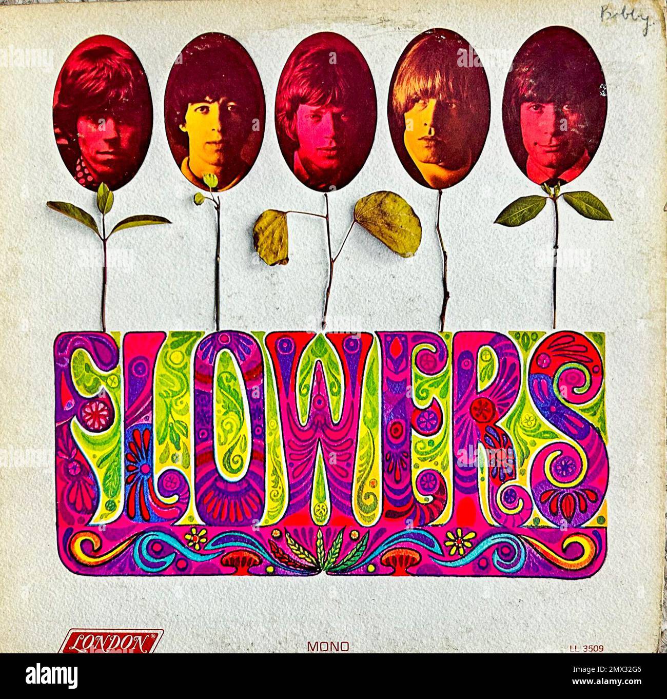 Close up Objects, The Rolling Stones, VIntage Vinyl LP Record Album Art Cover, 'Flowers' 1967, Classic rock Stock Photo