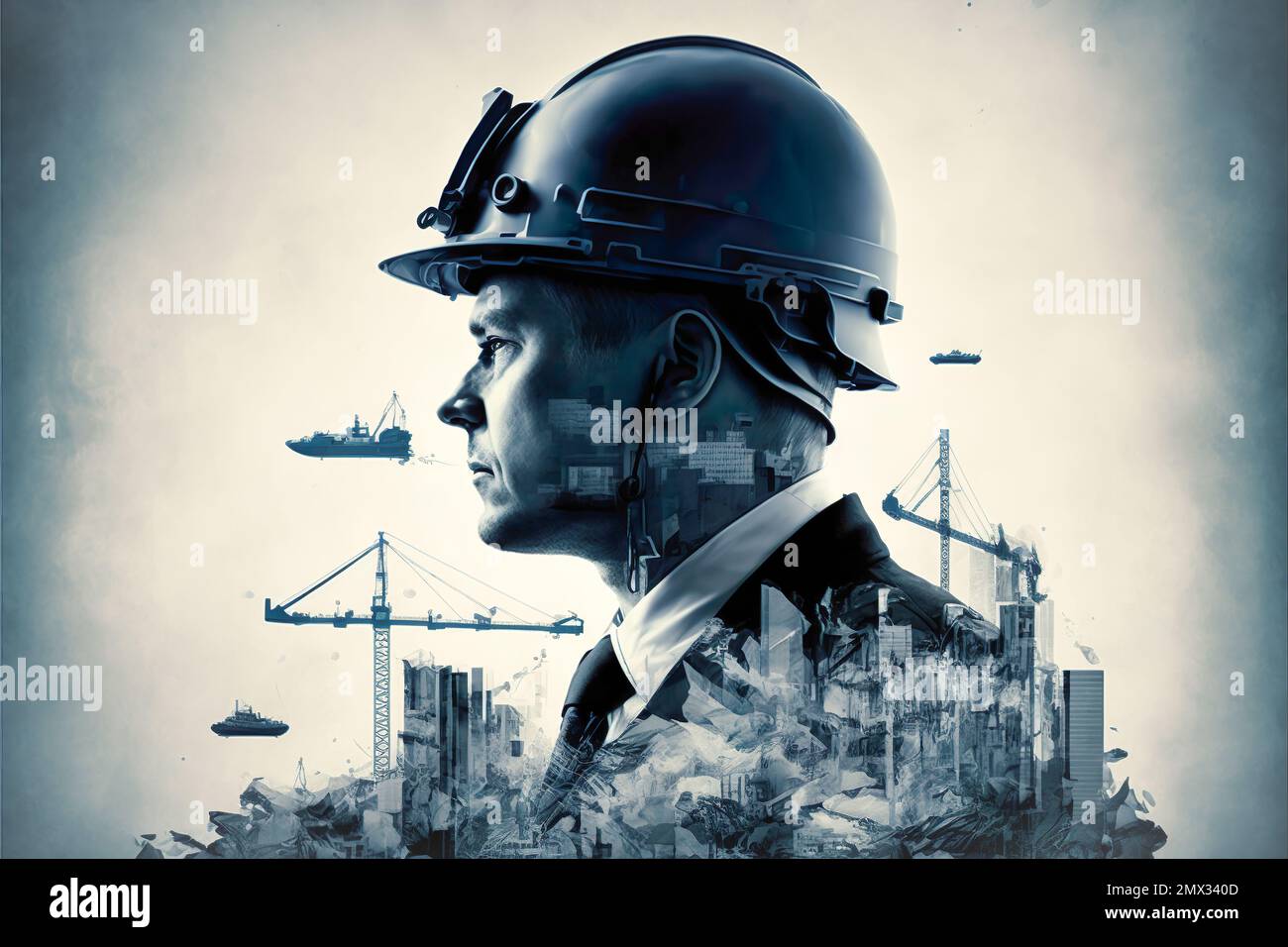 Construction related background with a suited man with a helmet at construction site , business, building, Future building construction engineering pr Stock Photo