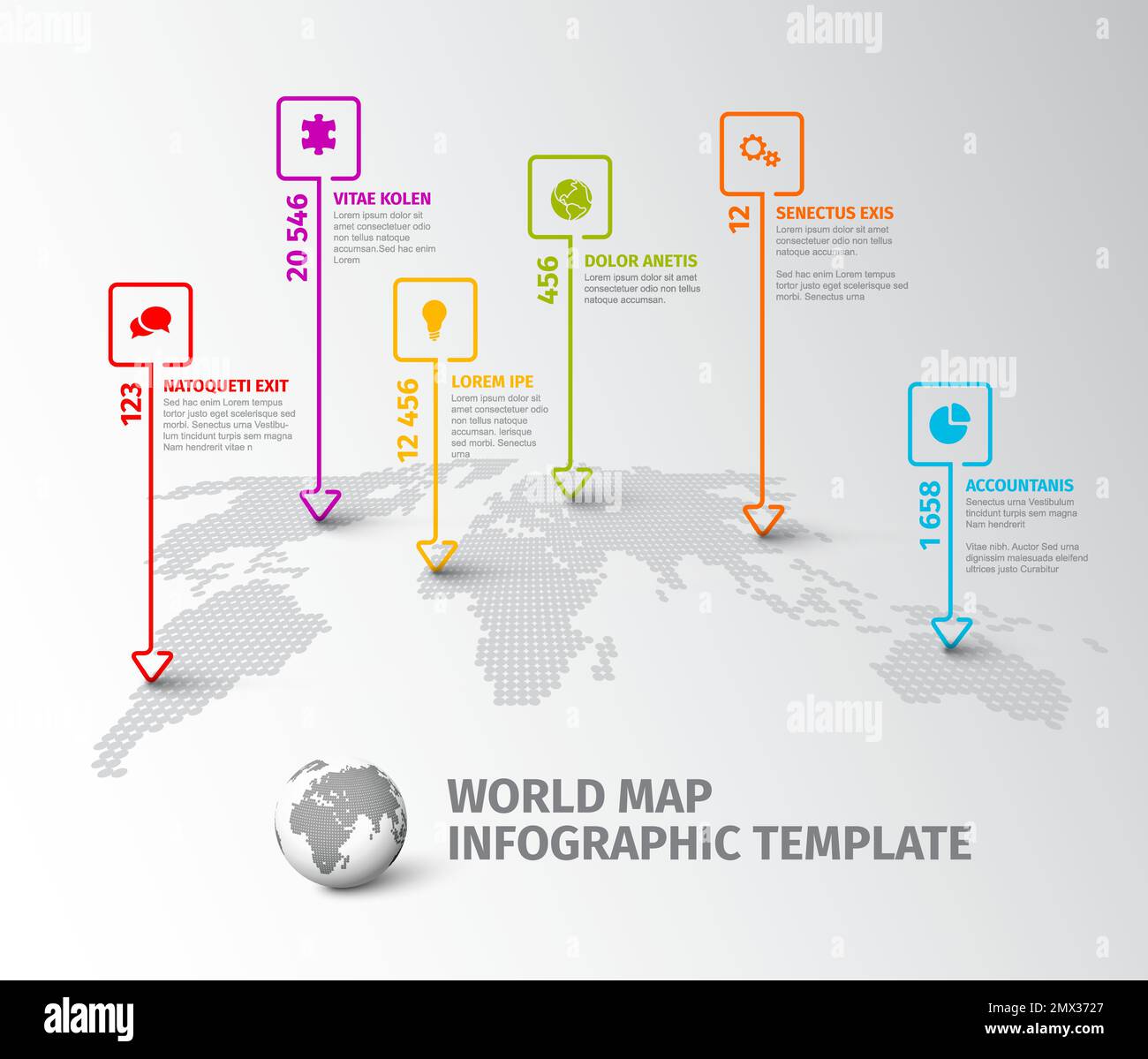 Light World map infographic template with thin line square pointer ...