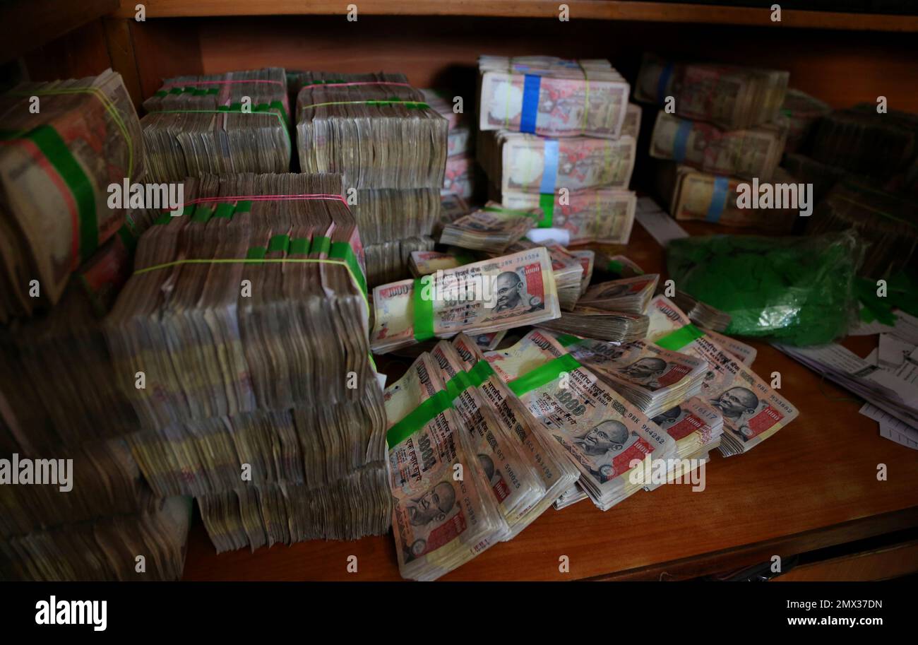 Indian currency notes of 1,000 denomination are seen after they were