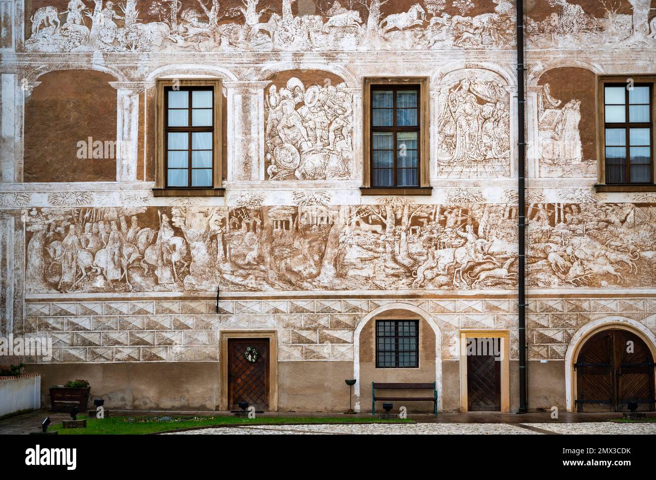 Sgraffito on one castle building, Benatky nad Jizerou. Detail of exterior. Czech republic. Stock Photo