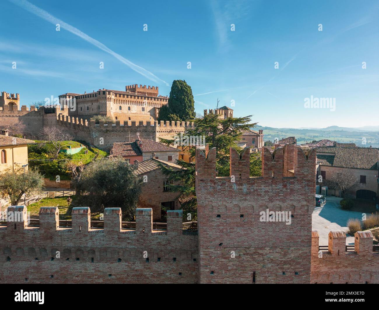 Italy, February 2023: aerial view of the medieval village of Gradara in the Province of Pesaro Urbino in the Marche region Stock Photo